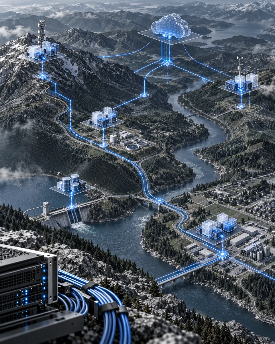 Connected software and data systems over an aerial landscape, linking mountain sensors, utilities and built infrastructure