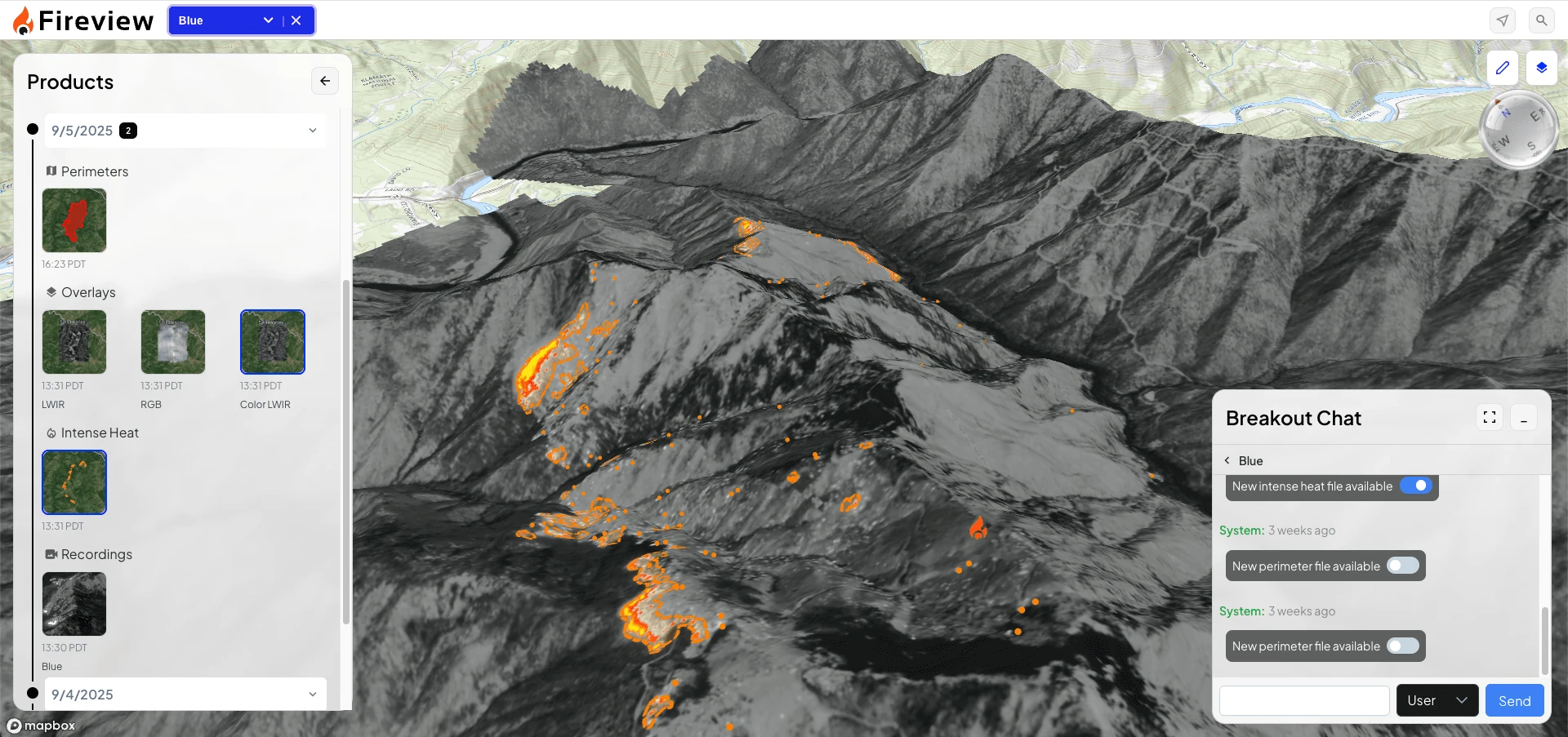 Fire View application showing imagery and analysis tools alongside the incident map