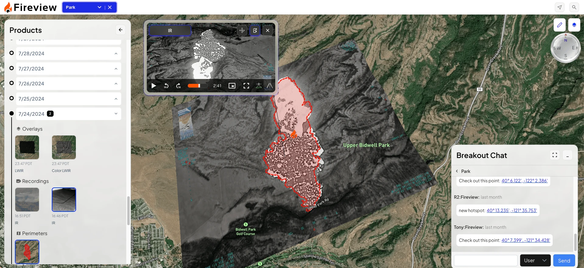 Fire View command interface with a map, multiple live video feeds, aircraft positions and team chat